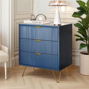 Table de chevet Buffet de salon 60x40x70 cm Buffet bas 3 tiroirs Style moderne Meuble de rangement Pieds en m&eacute;tal Bleu
