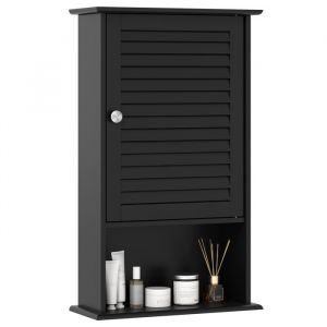 COSTWAY Armoire Murale pour Salle de Bain Armoire à Pharmacie avec Étagère Réglable Porte Persienne et Étagère Ouverte Noir