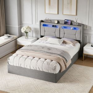 Lit 140x190 cm - POCKETPOP - avec USB et LED - Lit Coffre 140x190 cm avec Rangement et Tete de Lit - 2 Personnes - Gris clair