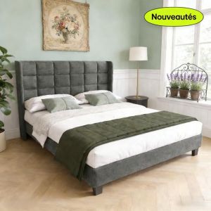 Lit Double Capitonn&eacute;e 140&nbsp;x&nbsp;200&nbsp;cm avec Haut T&ecirc;te de Lit en Lin Pieds de Support Renforc&eacute;s - Sommier &agrave; Lattes Design Silencieux