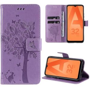 Coque pour Samsung Galaxy A32 5G Protection Antichoc Synthécuir Violet Motif Arbre Chat Fleur