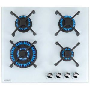 Plaque de cuisson gaz 4 foyers - Verre blanc d&eacute;poli - Double couronne 8000 W - 56x48 cm