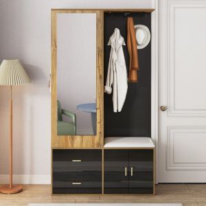Armoire Entrée Moderne Noir - Meuble Bois Avec Miroir Rangement ChaussuresTabouret Pratique Crochets Et Porte-Cintres