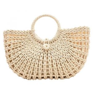 Sac a MainAMORUS Summer Beach Retro Sac en paille tissé à la main pour femme Sac fourre-tout rond Beige