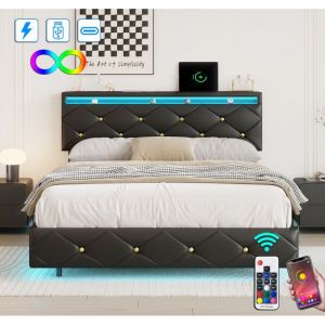 Lit Coffre 160x200 cm LUMINARIX Lit flottant Avec &eacute;clairage LED et USB Lit double Tissu en cuir synth&eacute;tique Lit rembourr&eacute;