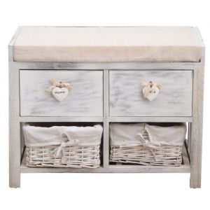 Banc de rangement shabby chic en bois blanc avec 2 tiroirs en osier - Mobili Rebecca