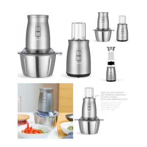 Hachoir multifonction électrique 500W 5 LAMES 2 Vitesses Avec bol en acier inoxydable de 2L Peut piler la glace + 1 mini hachoir à