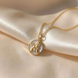 Collier - Enfant - M&eacute;daille - 12 mm - Ange - Bapt&ecirc;me - Nacre - Blanc - Plaqu&eacute; Or Jaune 585/1000 - 45 cm