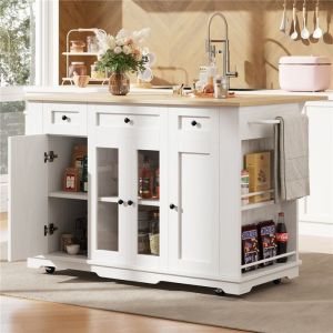 Desserte Cuisine Roulettes-4 Portes 3 Tiroirs-&Eacute;tag&egrave;res R&eacute;glables Modulables-Plateau Pliant Extensible-Blanche-Cuisine Mobile