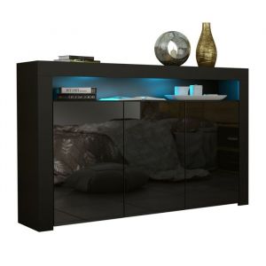 Buffet JIVE 145 cm - Noir laqué - Meuble design contemporain - 3 portes - Niche illuminée