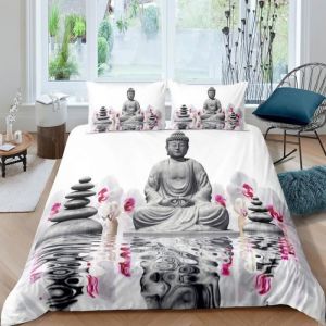 Zen bouddha pierres orchid&eacute;e et reflets Parure de lit 3 pieces 1 housse de couette 200*200cm et 2 taies doreillers 63*63cm