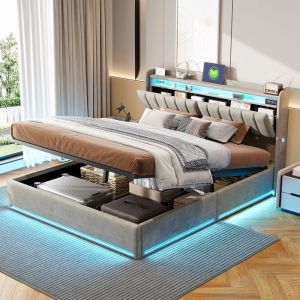 Lit 140 x 190 lit 140x190 avec sommier cadre de lit Lit coffre avec LED coffre hydraulique avec tete de lit gris velour