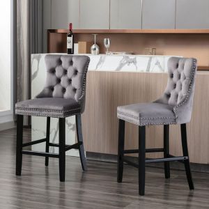 Lot de 2 Tabouret de bar velours capitonné pieds en bois garniture chromée gris