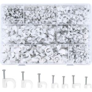 700 Pi&egrave;ces Attache-c&acirc;ble Ronde avec Clou en Acier Clips C&acirc;ble Ronds Cavalier Cable Electrique Blanc 4 mm/5 mm/6 mm/8 mm/10 mm