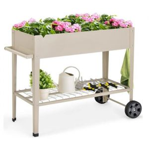 Jardini&egrave;re sur Pied - RELAX4LIFE - Roulettes en M&eacute;tal - Lit de Jardin 65L - &Eacute;tag&egrave;re de Rangement - Crochets de Suspension - Blanc