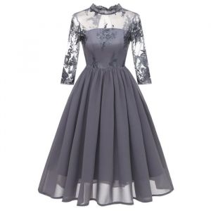 Robe Femme - GOGUQ - Manches 3-4 Dentelle Broderie - Ceremonie Cocktail Mariage - Gris