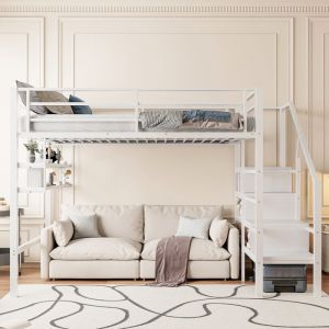 Lit mezzanine 140x200 cm en métal - avec étagère et échelle de rangement - Blanc