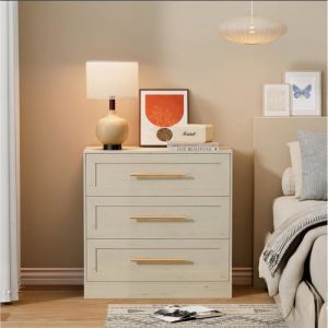 GOOBUY Commode à 3 Tiroirs 80cm Meuble de Rangement Moderne Commode Étroite avec Manche Doré Grain de Bois 80x40x78cm Beige