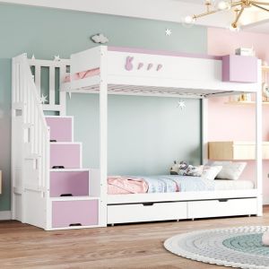 Lit superposé 2 places 90×200 cm Lit enfant en bois avec échelle de rangement 2 tiroirs motifs lapin carotte et sommier à lattes