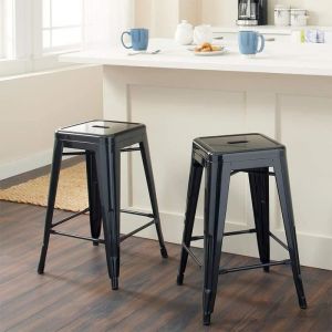 Lot de 2 Tabourets de Bar Industriel Tabouret Haut Carr&eacute; Bistrot Salon Empilable Metal