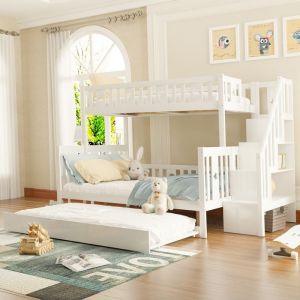 Lit superposé enfant 3 places 90/140 x 200 cm Lit triple Lit double en bois avec lit gigogne et échelle de rangement - blanc