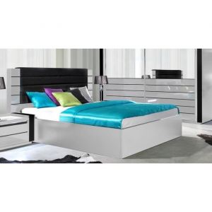Lit adulte 180cm design LINA blanc et noir brillant + t&ecirc;te de lit en simili cuir 200 Blanc