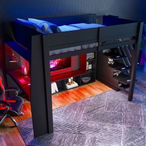 Lit mezzanine 140x200cm-lit adulte 140x200 avec bureau int&eacute;gr&eacute; LED escalier &agrave; rangements MDF/contreplaqu&eacute; noir