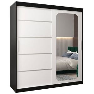 Armoire &agrave; 2 Portes Coulissantes - ABIKSMEBLE Promo 2 - avec miroir barre &eacute;tag&egrave;res 180x200x62cm Noir Mat Blanc Mat