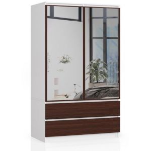 Armoire AKORD S90 avec miroir Blanche 90 cm 2 portes 2 tiroirs façade Wengé 4 étagères 90x51x180 cm