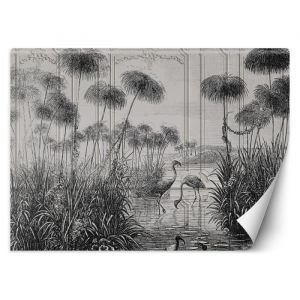 Papier Peint - Entoilage 130g/m2 - Motif Oiseaux dans un étang - 368x254 cm - Noir et blanc - Décoration murale à coller - Feeby
