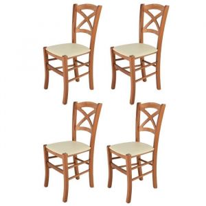 Tommychairs - Set 4 chaises cuisine CROSS structure en bois de hêtre peindré en couleur cerisier assise en cuir artificiel ivoire