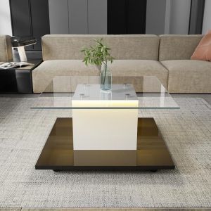 Table basse 80 cm plateau verre tremp&eacute; table basse salon LED int&eacute;gr&eacute;es roulettes pivotantes