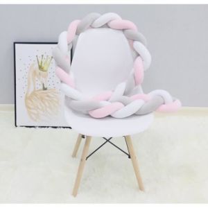Tour de Lit B&eacute;b&eacute; Coussin Serpent Coussin Tress&eacute; Pare-chocs Velours 3M - Blanc+Gris+Rose - 300cm