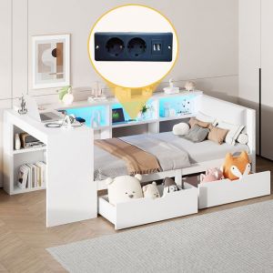 Lit Combine Lit plateforme Bois 90x200 cm avec rangements 2 tiroirs recharge USB et t&ecirc;te de lit LED Blanc