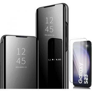 Coque Folio Rabat Miroir Pour Samsung Galaxy S23 Couleur Noir + Verre Trempe Protection Ecran Little Boutik©
