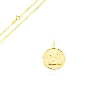 Collier - Enfant - Chaîne et Pendentif - Médaille - Ange - Baptême - 16 mm - Plaqué Or Jaune 750 - 3 Microns - Fabriqué en France
