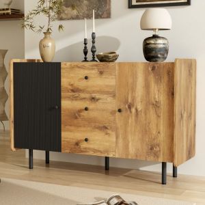 Buffet bahut avec 2 portes et 3 tiroirs pieds en métal 120x40x75 cm Style rétro meubles de salon bois et noir