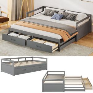 Lit gigogne 90/180 x 200 cm avec 2 tiroirs lit double extensible avec sommier à lattes cadre en bois massif pour lit simple Gris