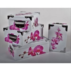 4 Grandes Boites de Rangement - Carton Impr. Orchidée Rose/Blanc Angles/Poignées Métal. 23x15x9-5x165x10-27x18x105-29x20x11cm