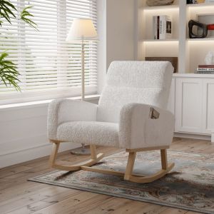 Fauteuil &agrave; BasculeChaise a Bascule AllaitementRocking ChairPieds en Bois MassifVelours TeddyStyle Scandinave Blanc