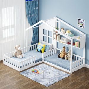 Lit Au Sol Enfant 90x200cm et 70x140cm Lit Cabane Enfant 2 Places pour Fille Garcon Lit Montessori avec Fenêtres et étagère