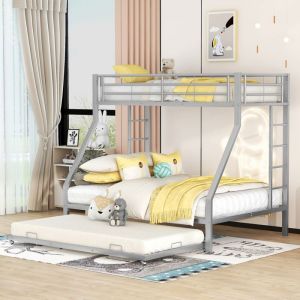 Lit superposé 3 places en métal gris - lit 2 personnes 140x200cm - lit 90x200cm - lit gigogne 90x200cm - sans matelas