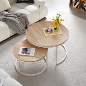 Lot de 2 tables basses de salon rondes  grand modèle : 80*45cm et petit modèle : 60*35cm Couleur du bois