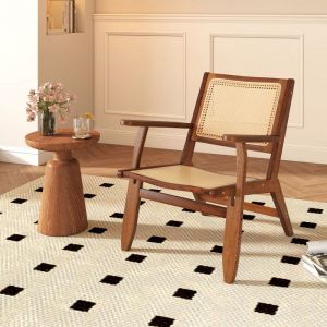 COSTWAY Fauteuil dAccent en Cannage Boh&egrave;me - Dossier Inclin&eacute; &agrave; 105&deg;- Chaise de Lecture pour Salon et Chambre Noyer