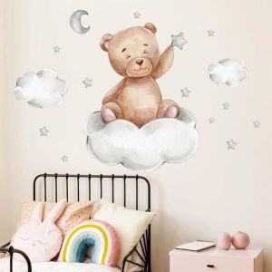 Stickers Chambre Enfant,Stickers Chambre Bébé,Sticker Mural Ours Lune Nuage étoiles Dessin Animé