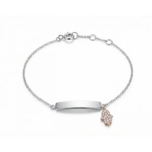 Gourmette - Plaque &agrave; Graver - Main de Fatma - Argent 925/1000 - Massif - Femme/Enfant - Ajustable