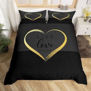 Housse de Couette Moderne 220x240cm Amour Parure de Lit Noir Or Coeur Lettres Imprimer Ensemble de Housse de Couette pour Chambre