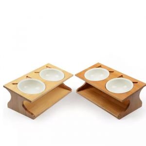 Double gamelle sur&eacute;lev&eacute;e pour chien ou chat avec support en bois.
