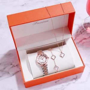 Coffret Cadeau Montre Femme Fille Ado - Montre a Quartz Analogique - Pack Parures des bijoux Chic - Collier et Bracelet - Blanc