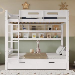 DRIPEX Lit superposé 90x200cm avec étagère ouverte bibliothèqueLit enfant avec 2 tiroirs et échelle à cinq marchesBlanc